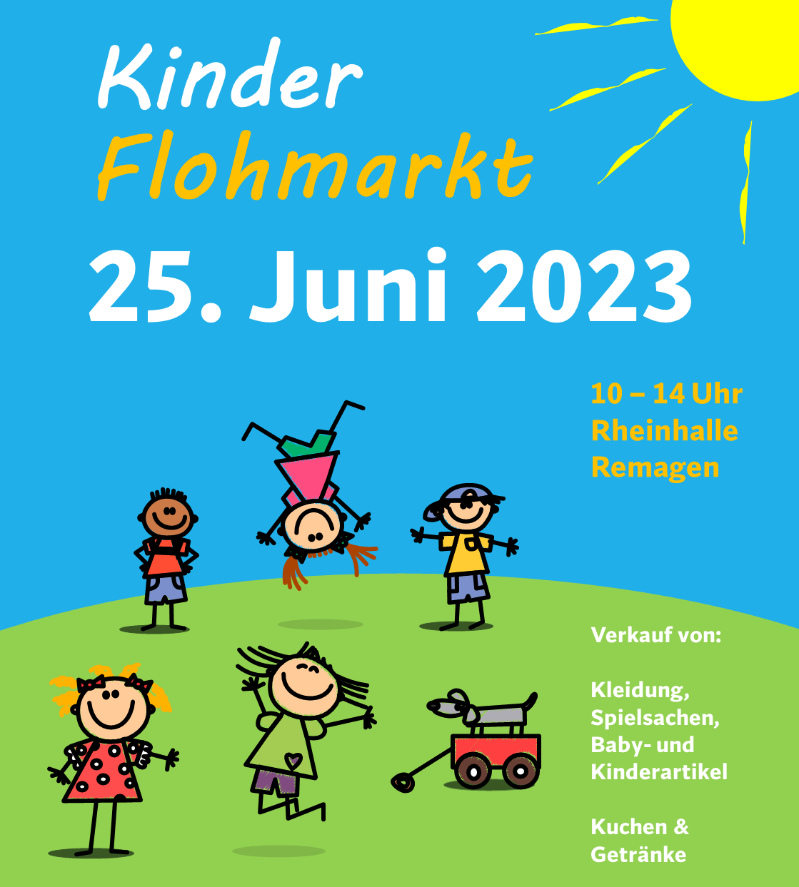 Flohmarktplakat. Kinderflohmarkt am 25. Juni 2023, 10-14 Uhr in Remagen, Rheinhalle.